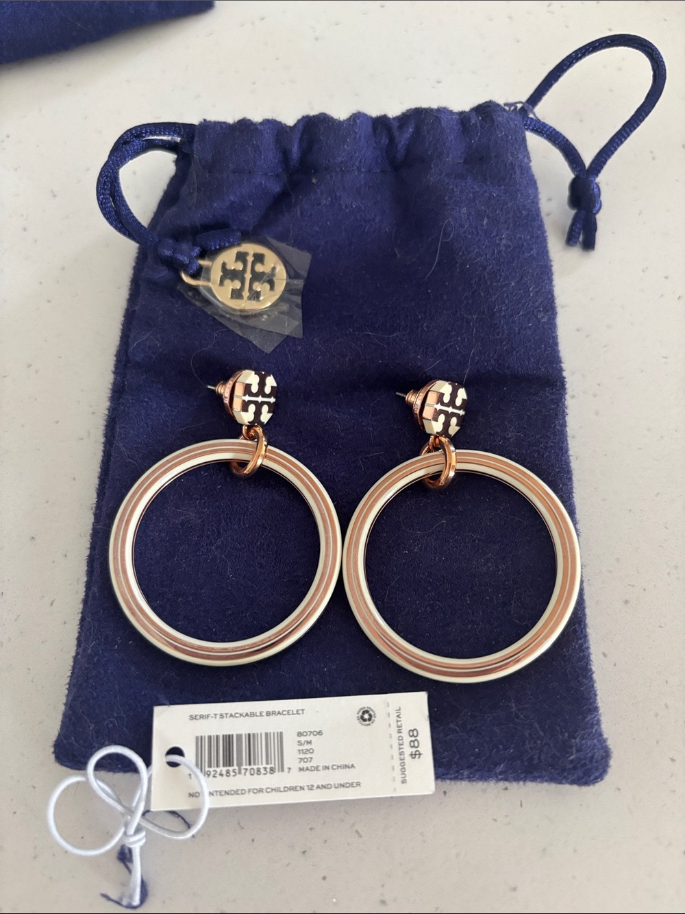 Tory Burch Rose Gold and Pink Double Hoop Logo Drop Earrings